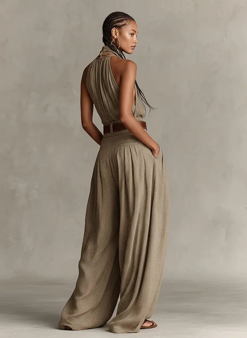 Women's Halter Neck Wide-Leg Cotton Blend Jumpsuit