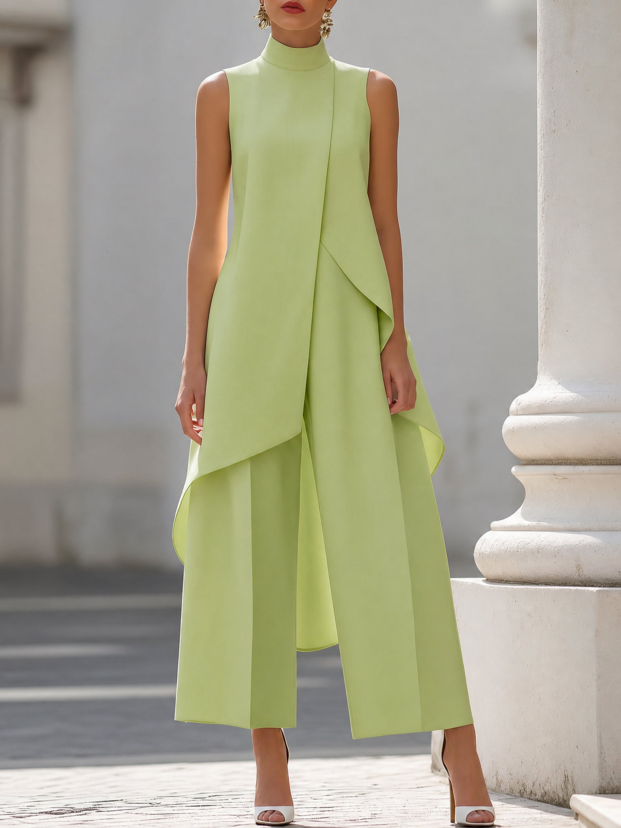 Women's High-Neck Sleeveless Asymmetric Wide-Leg Pants Set - Daiquiri Green