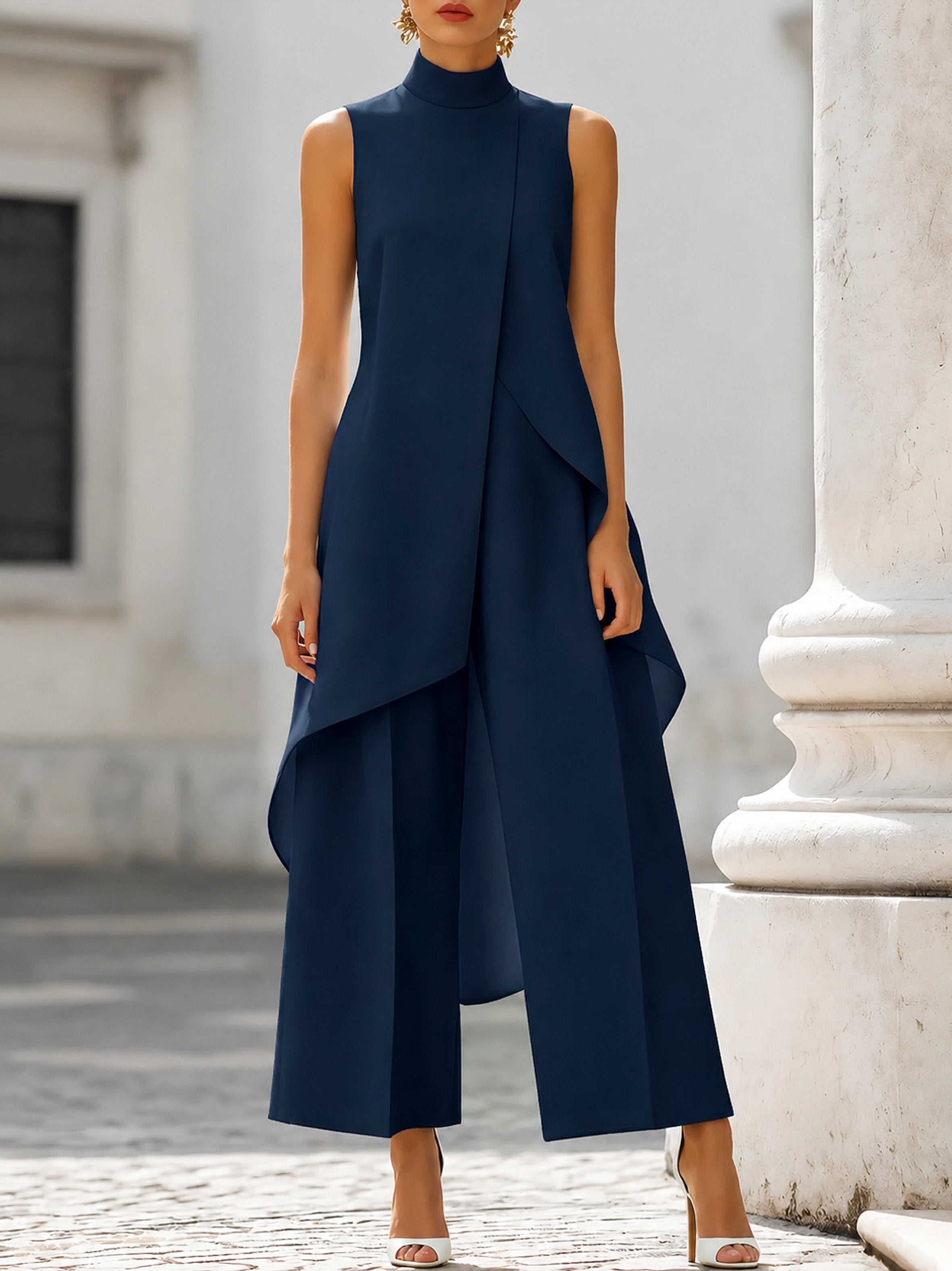 Women's High-Neck Sleeveless Asymmetric Wide-Leg Pants Set - Navy Blue