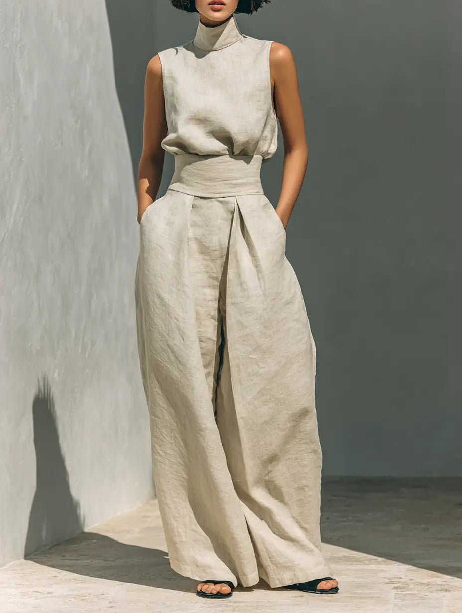 Women's High-Neck Sleeveless Cotton-Linen Wide-Leg Pants Set - Khaki