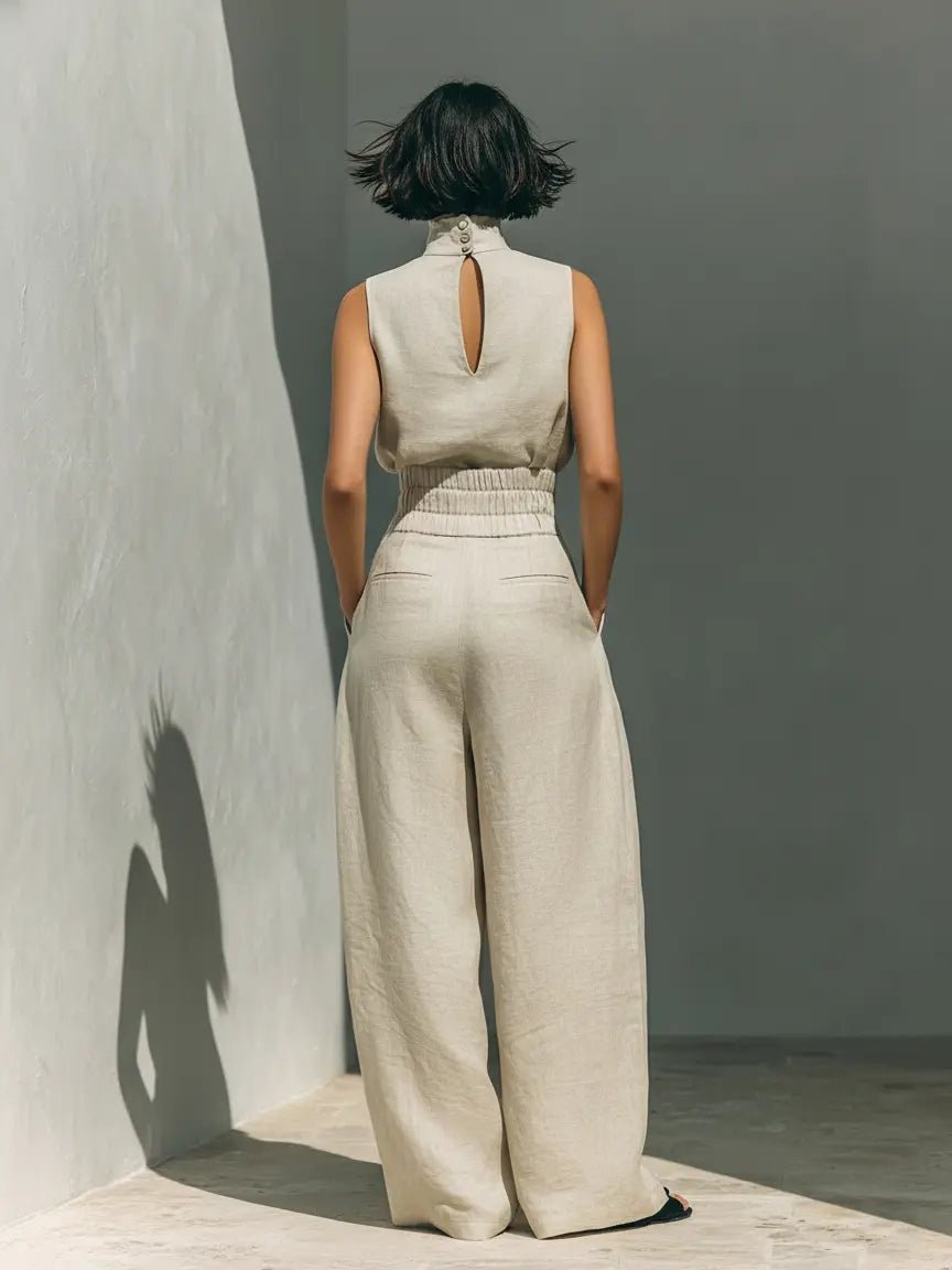 Women's High-Neck Sleeveless Cotton-Linen Wide-Leg Pants Set