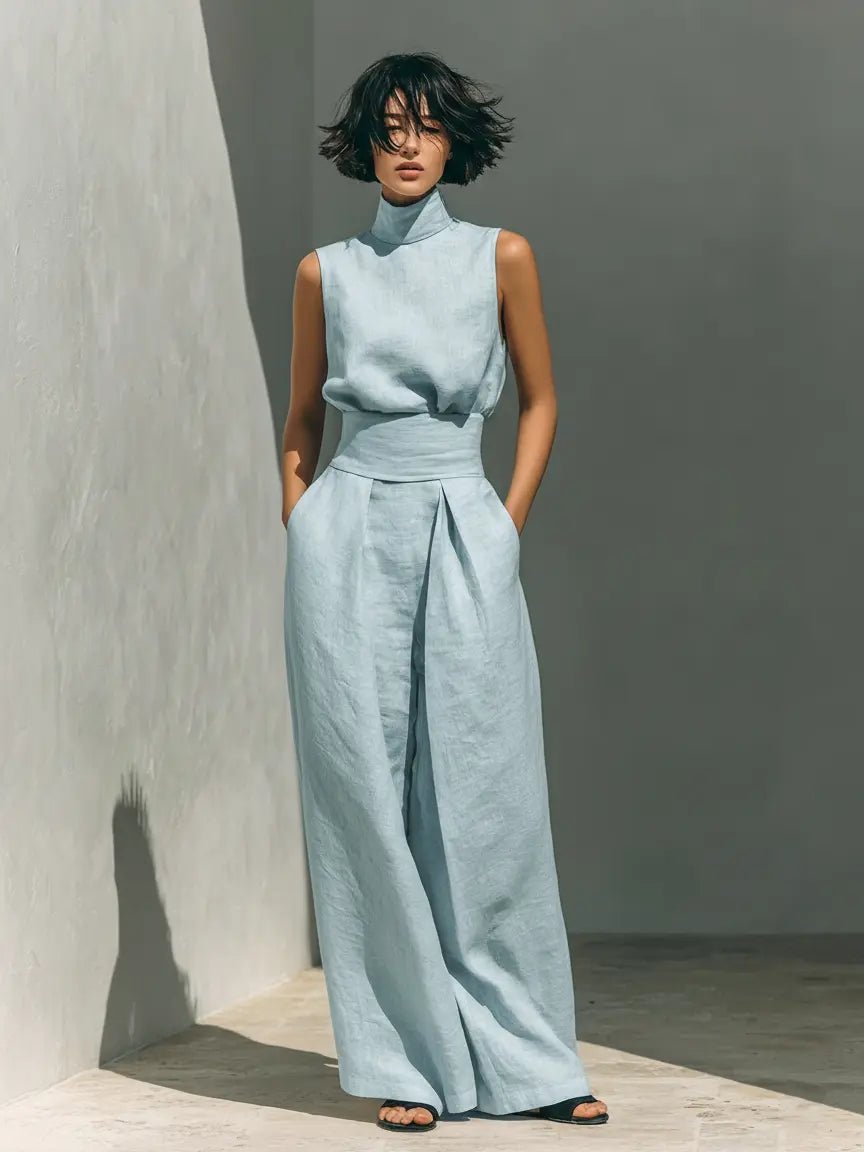 Women's High-Neck Sleeveless Cotton-Linen Wide-Leg Pants Set - Light Blue