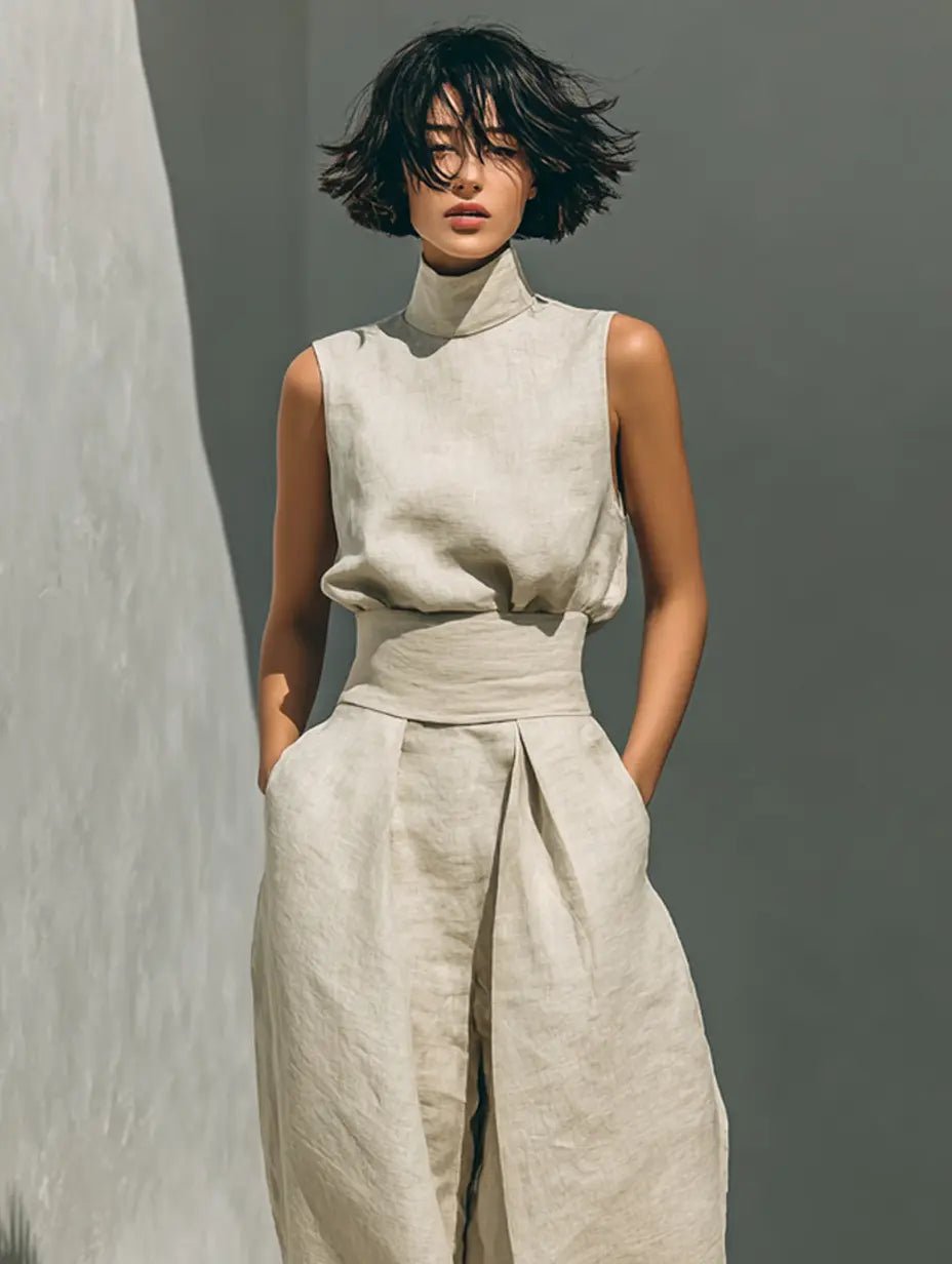 Women's High-Neck Sleeveless Cotton-Linen Wide-Leg Pants Set