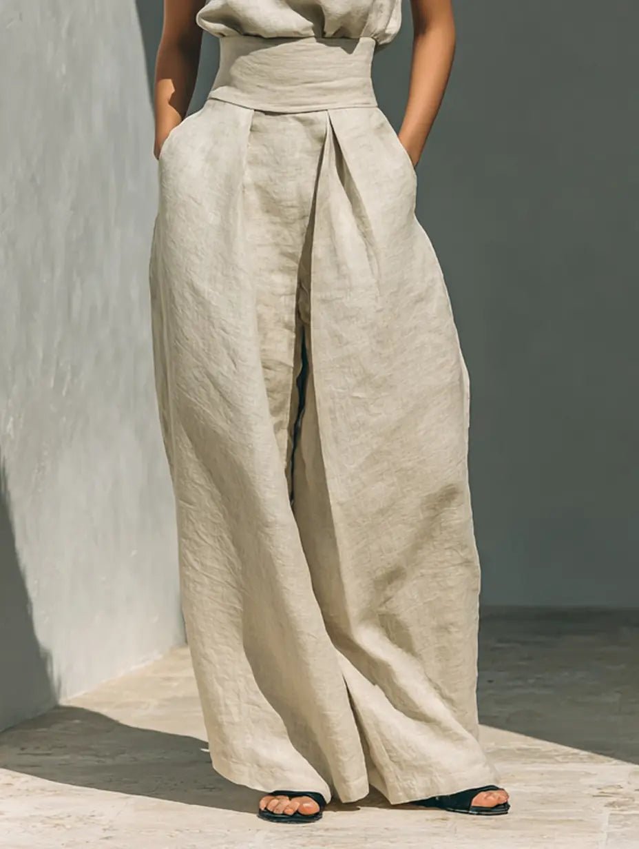Women's High-Neck Sleeveless Cotton-Linen Wide-Leg Pants Set
