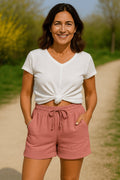 Women's High-Rise Relaxed-Fit Drawstring Linen Shorts - Pink