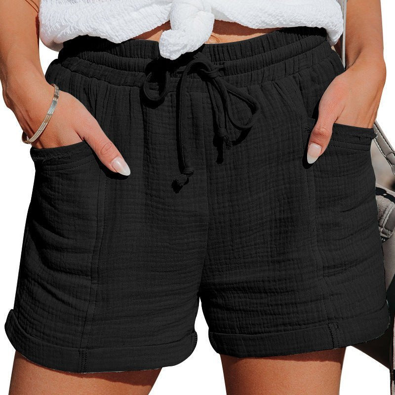 Women's High-Rise Relaxed-Fit Drawstring Linen Shorts - Black