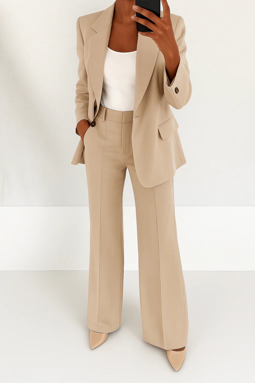 Women's High-Rise Wide-Leg Single-Button Blazer Suit Set - Beige