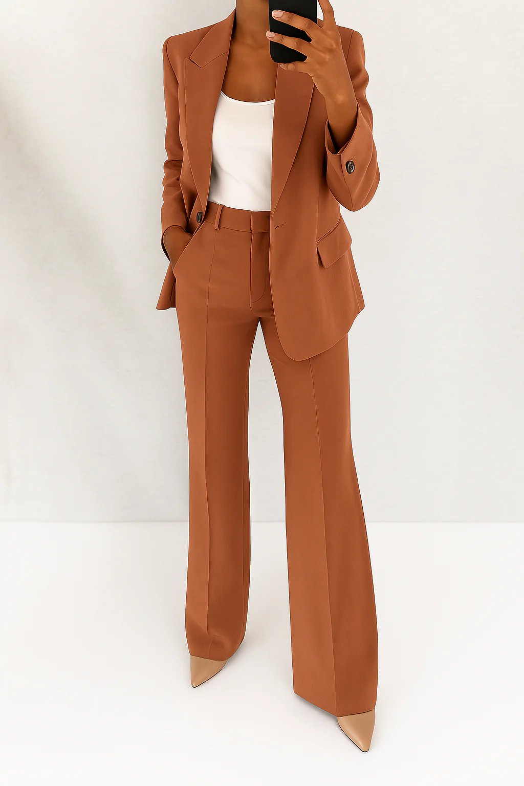 Women's High-Rise Wide-Leg Single-Button Blazer Suit Set - Brown
