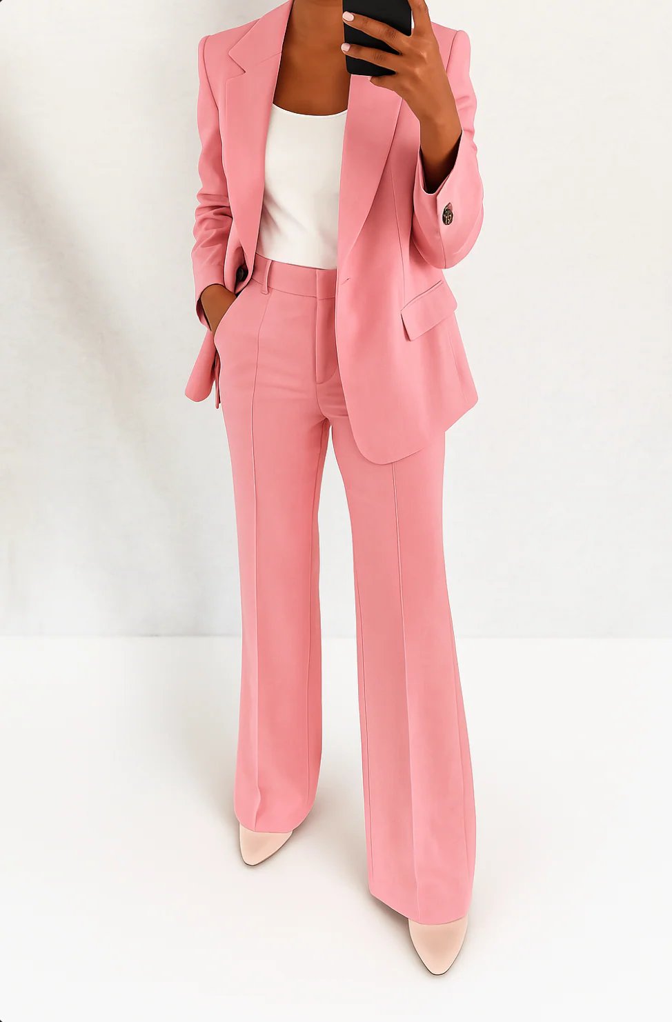Women's High-Rise Wide-Leg Single-Button Blazer Suit Set - Pink