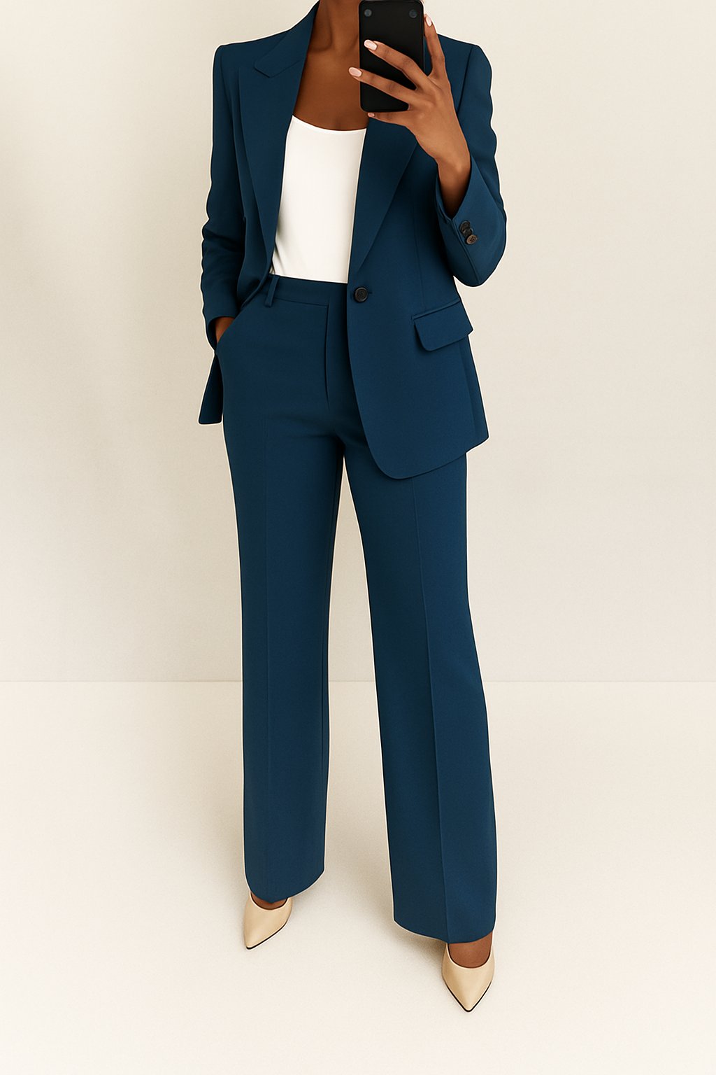 Women's High-Rise Wide-Leg Single-Button Blazer Suit Set - Navy Blue