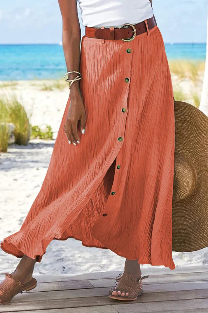 Women's High-Waist Button-Front Linen-Look Maxi Skirt - Mandarin red