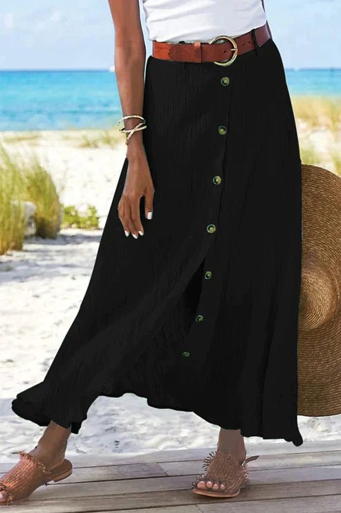 Women's High-Waist Button-Front Linen-Look Maxi Skirt - Black