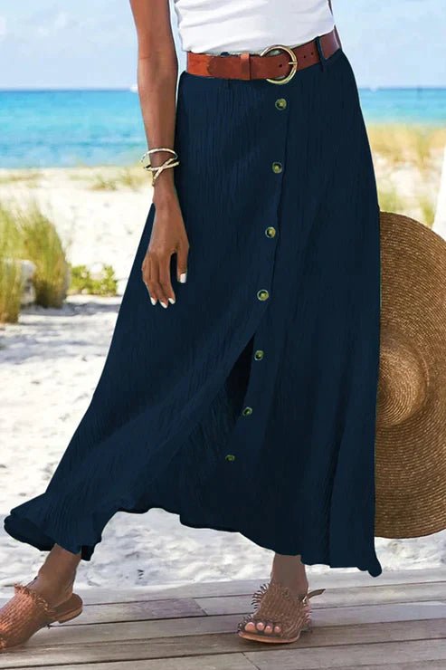 Women's High-Waist Button-Front Linen-Look Maxi Skirt - Tibetan blue