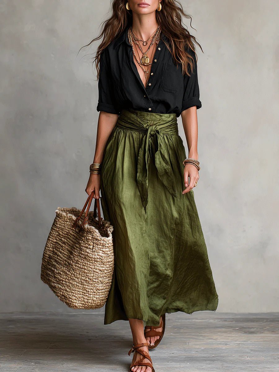 Women's High-Waist Button-Up Two Piece Maxi Skirt Set - Green