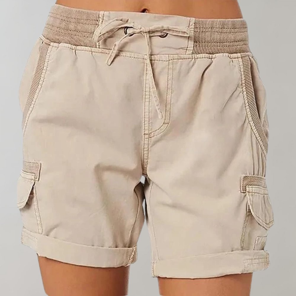 Women's High-Waist Cargo Shorts with Drawstring - Beige