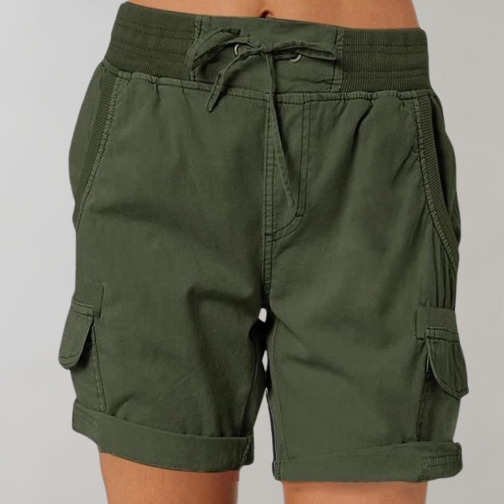 Women's High-Waist Cargo Shorts with Drawstring - Legergroen