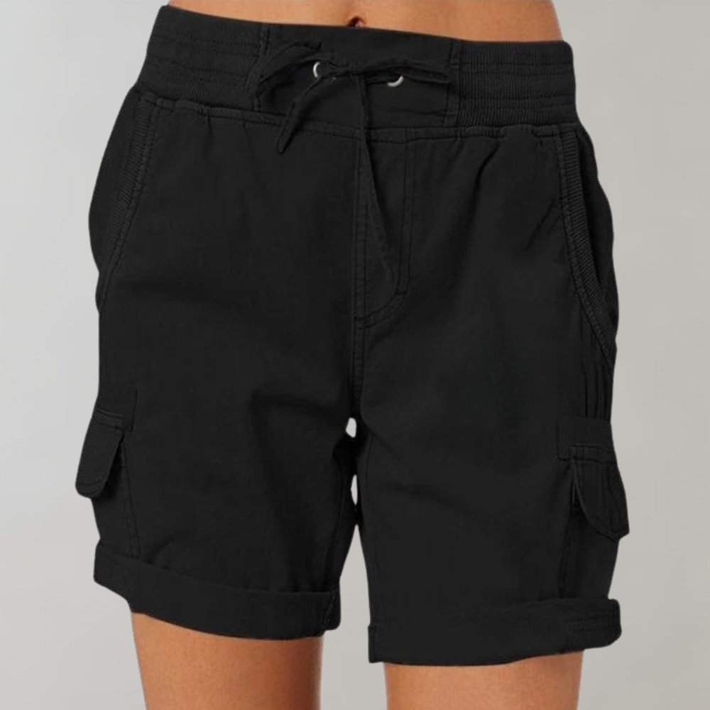 Women's High-Waist Cargo Shorts with Drawstring - Zwart