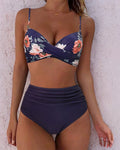 Women's High-Waist Floral Two-Piece Swimsuit - Navy Blue