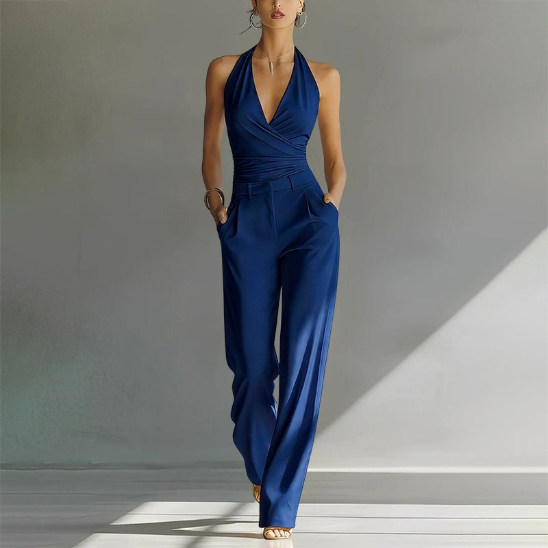 Women's High-Waist Halter Wide-Leg Jumpsuit - Blue