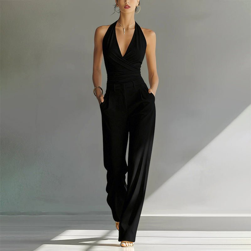 Women's High-Waist Halter Wide-Leg Jumpsuit - Black