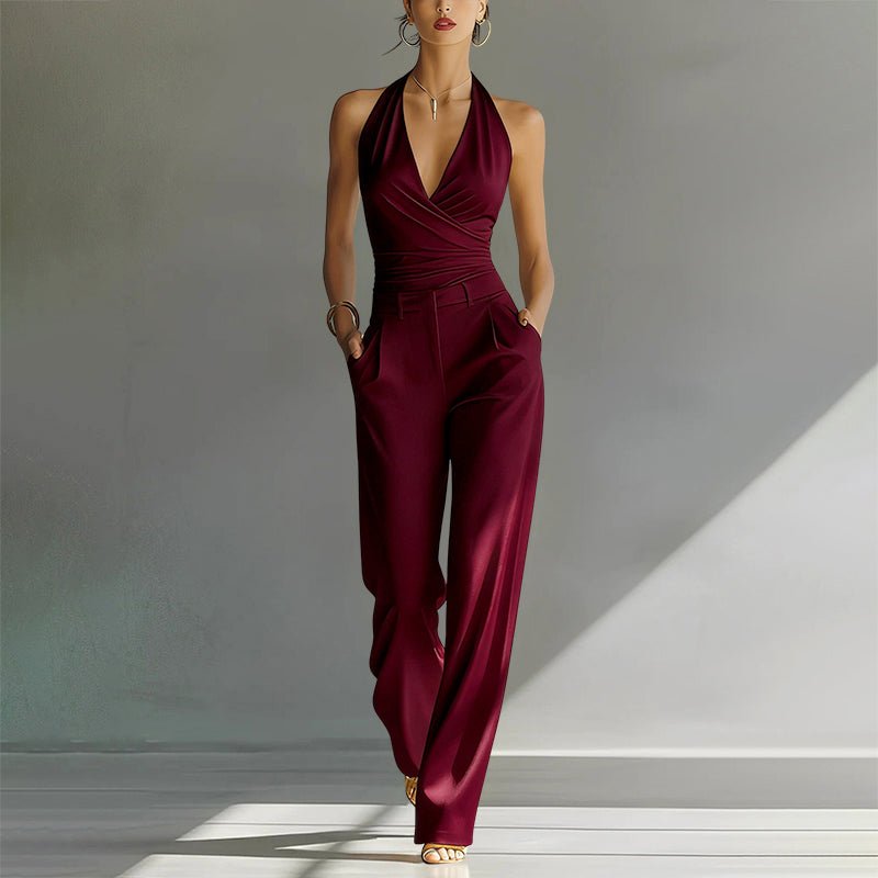 Women's High-Waist Halter Wide-Leg Jumpsuit - Red