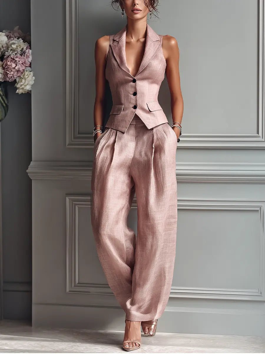 Women's High-Waist Linen Sleeveless Vest Wide-Leg Pants Set