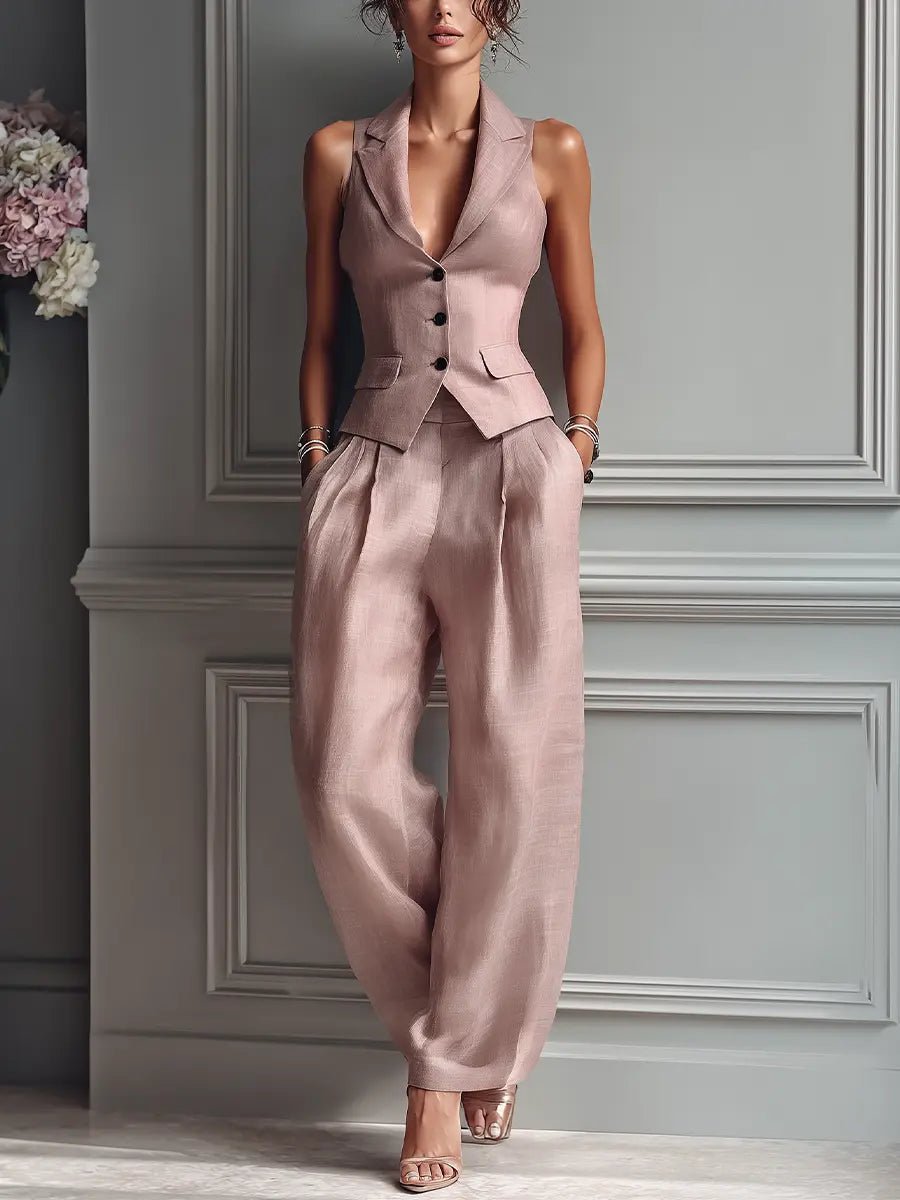 Women's High-Waist Linen Sleeveless Vest Wide-Leg Pants Set - Blush Pink