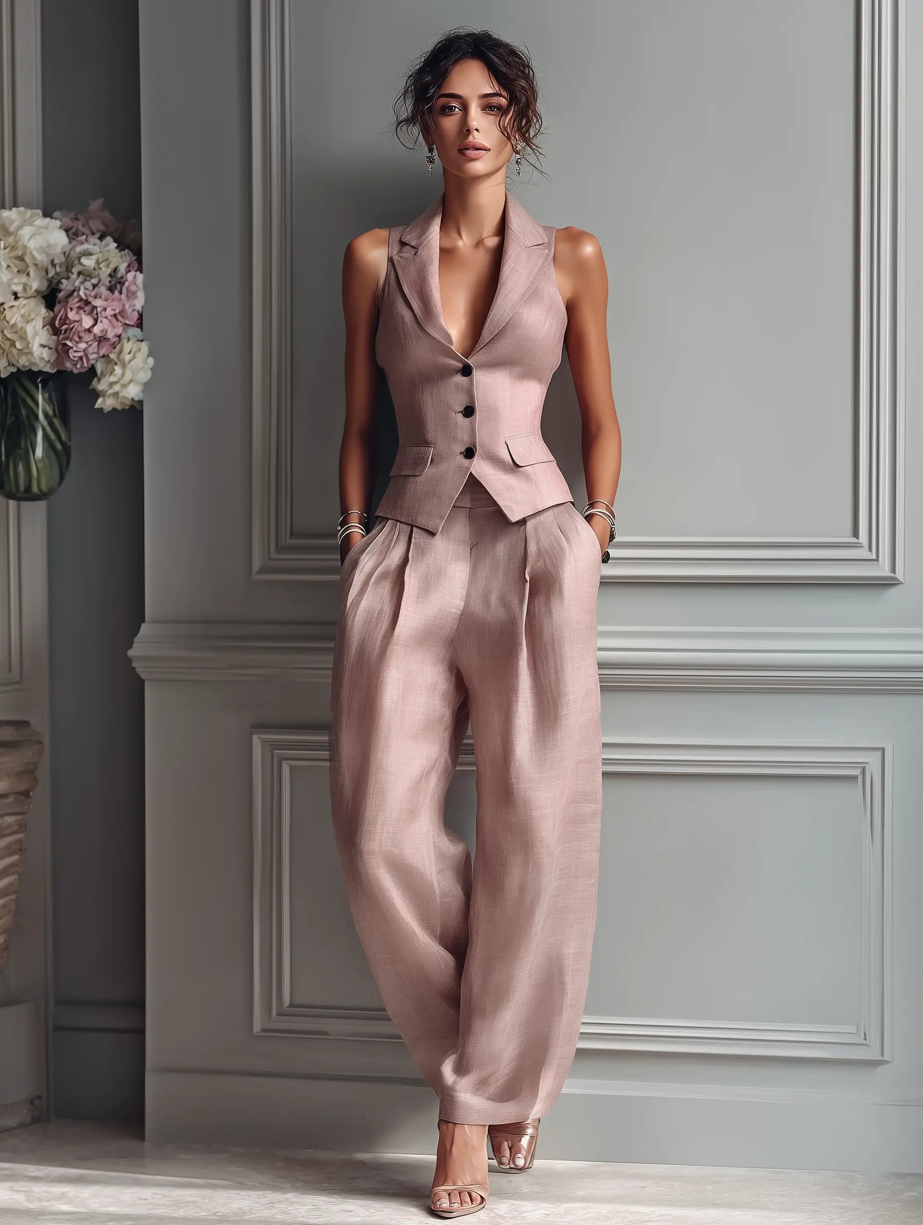 Women's High-Waist Linen Sleeveless Vest Wide-Leg Pants Set