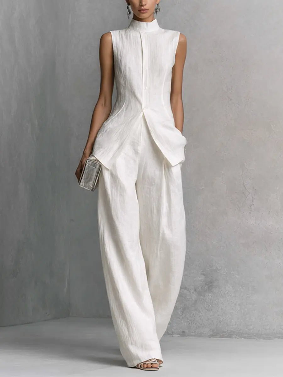 Women's High-Waist Linen Wide-Leg Two-Piece Set - White