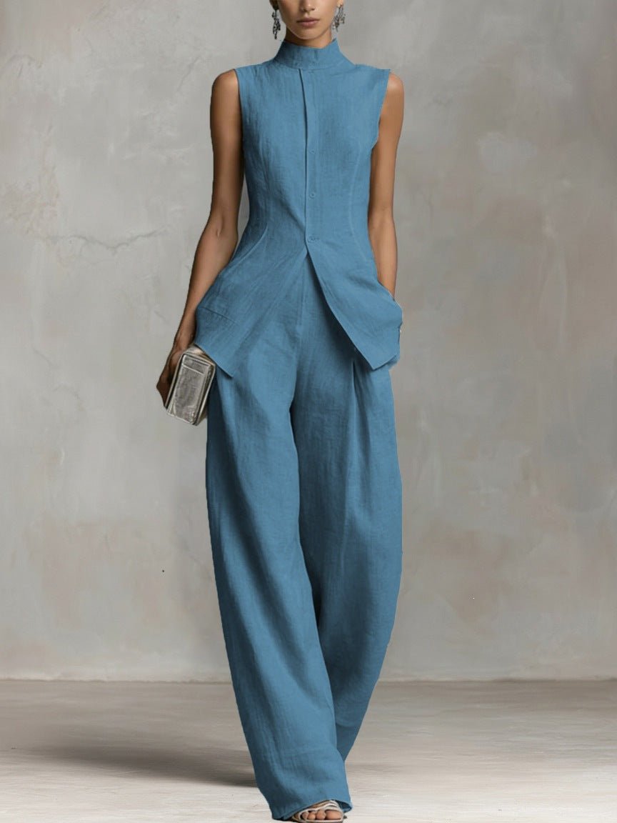 Women's High-Waist Linen Wide-Leg Two-Piece Set - Lake Blue