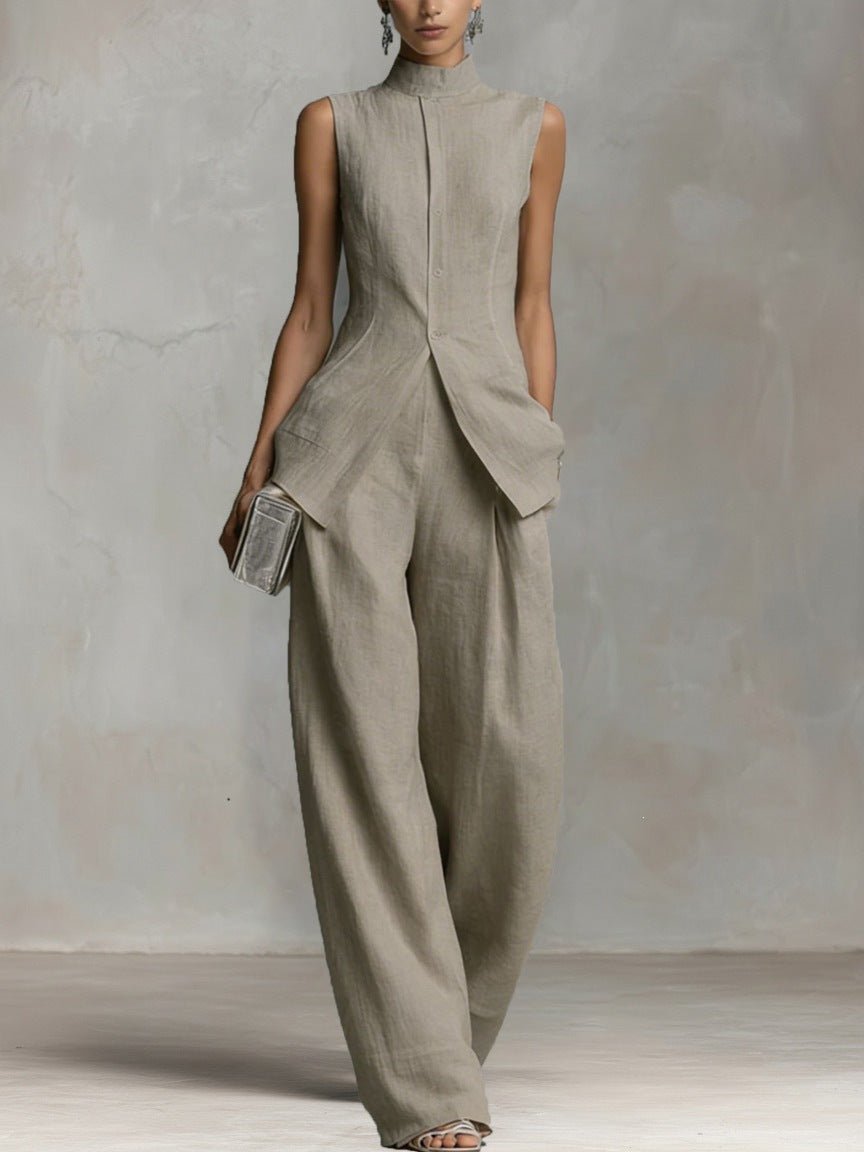 Women's High-Waist Linen Wide-Leg Two-Piece Set - Grey