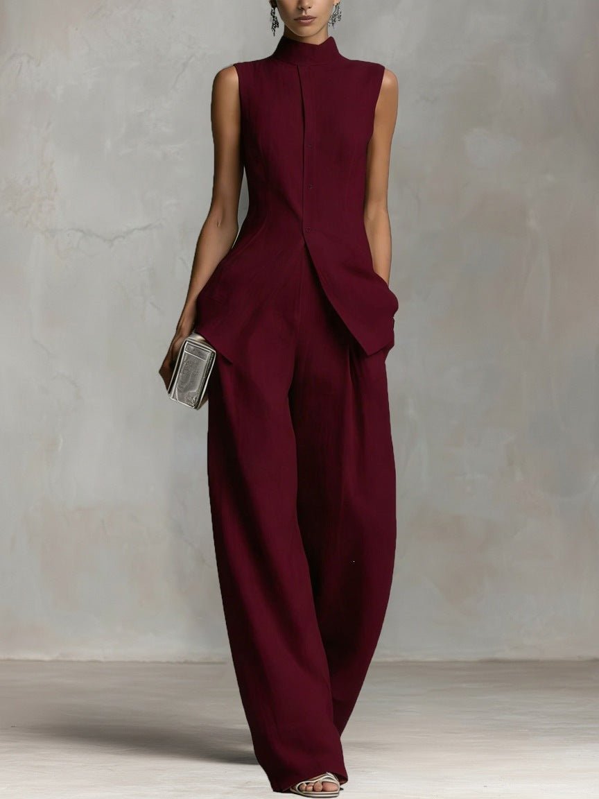Women's High-Waist Linen Wide-Leg Two-Piece Set - Burgundy