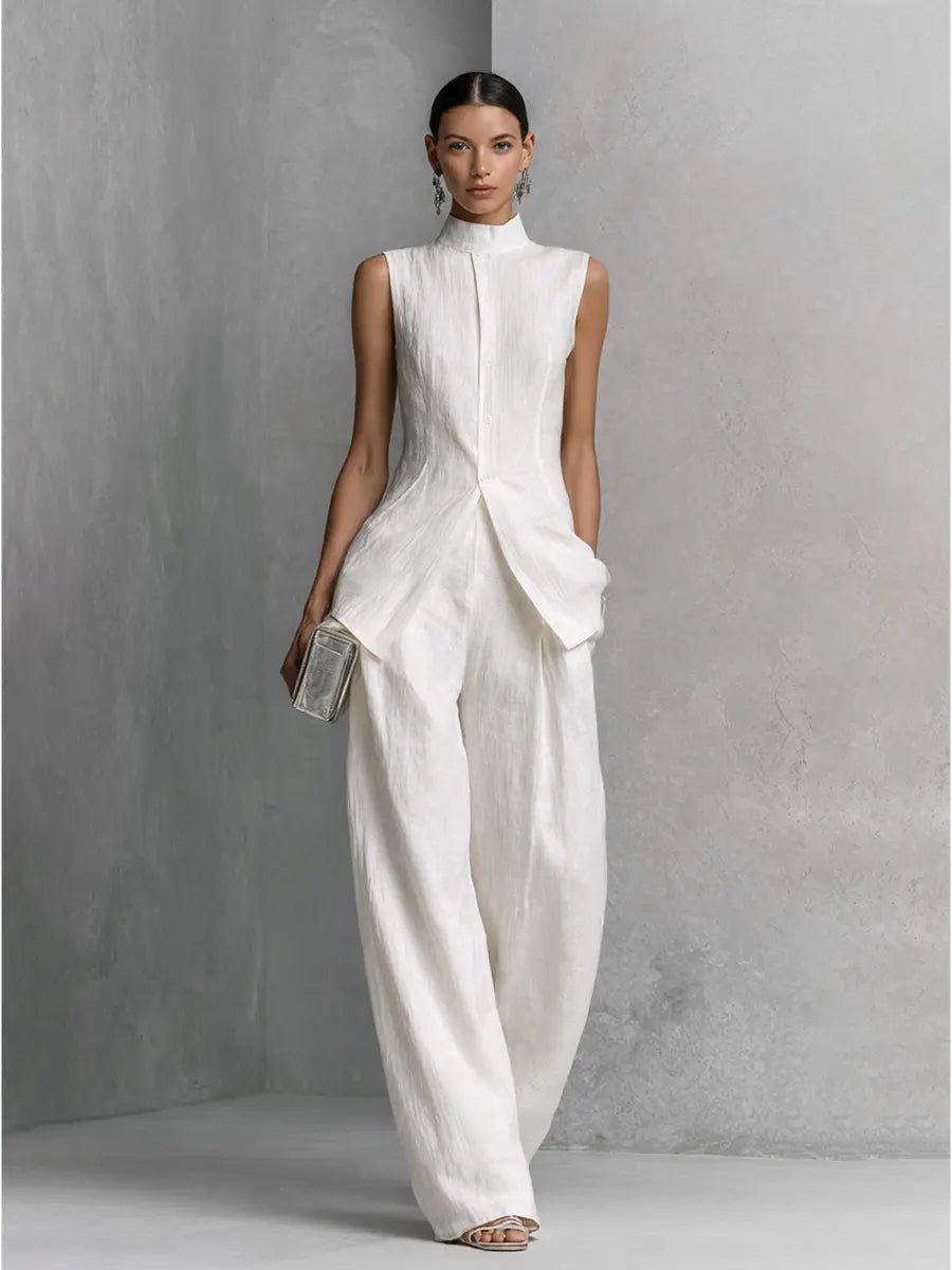 Women's High-Waist Linen Wide-Leg Two-Piece Set