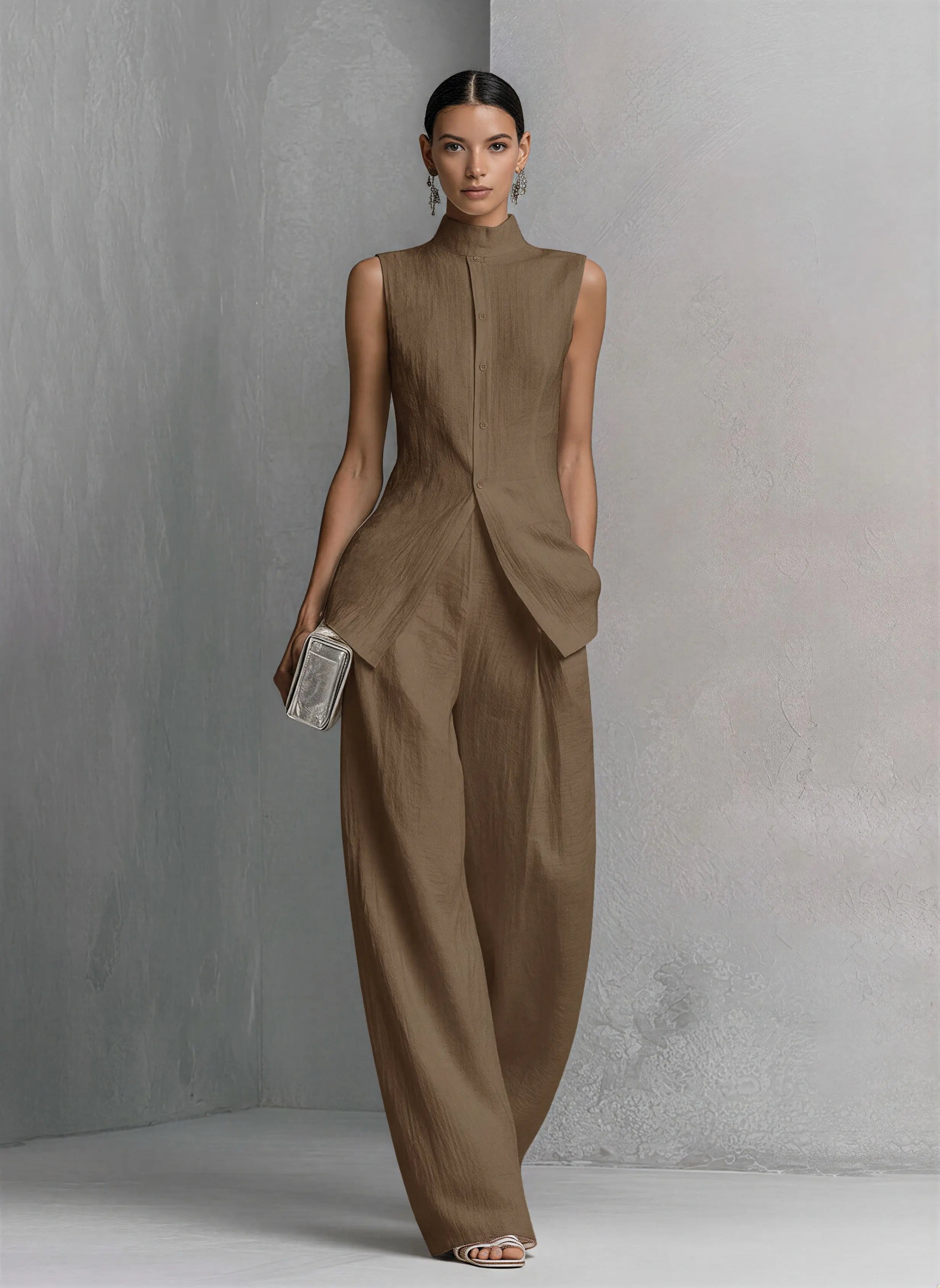 Women's High-Waist Linen Wide-Leg Two-Piece Set - Khaki