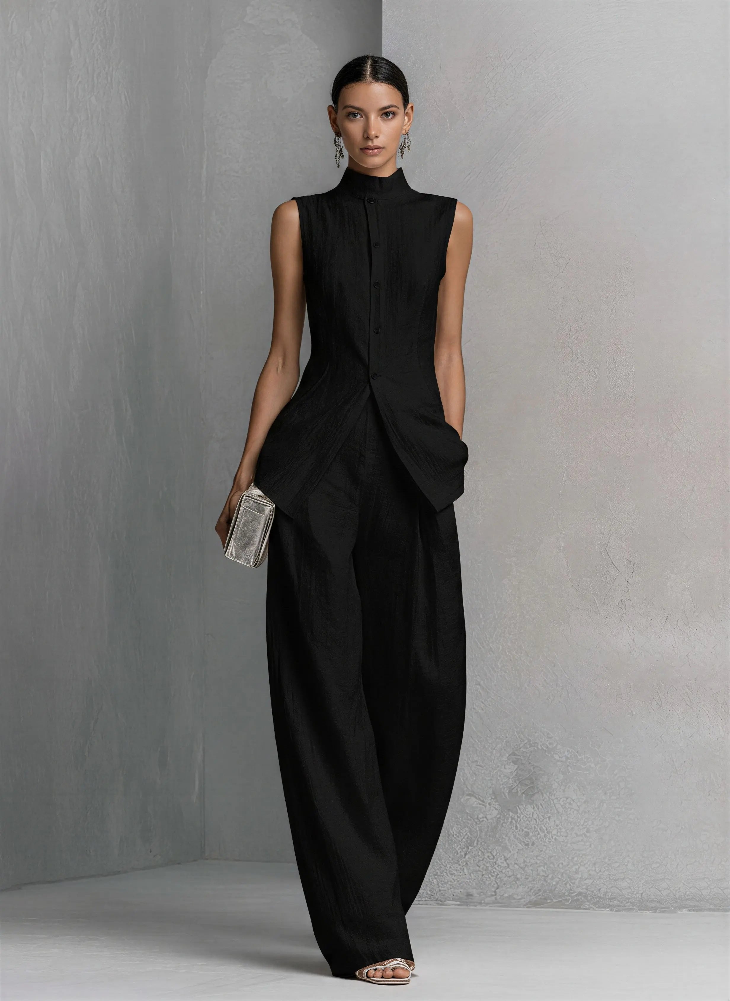 Women's High-Waist Linen Wide-Leg Two-Piece Set - Black