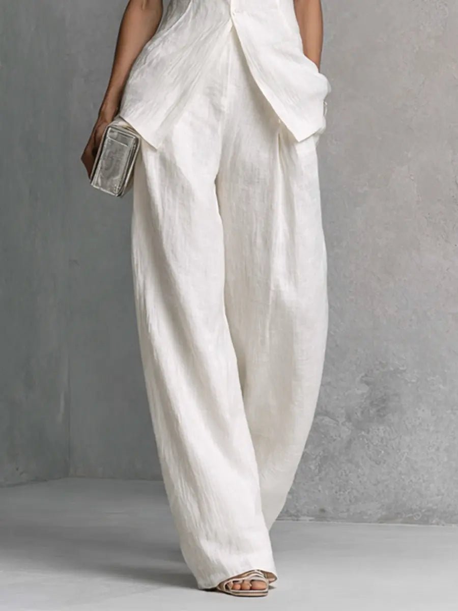 Women's High-Waist Linen Wide-Leg Two-Piece Set