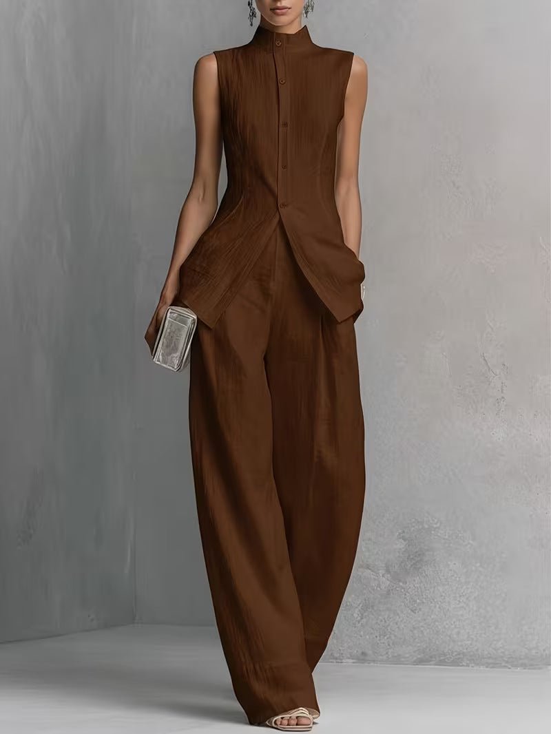 Women's High-Waist Linen Wide-Leg Two-Piece Set - Brown