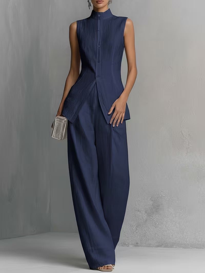 Women's High-Waist Linen Wide-Leg Two-Piece Set - Dark Blue
