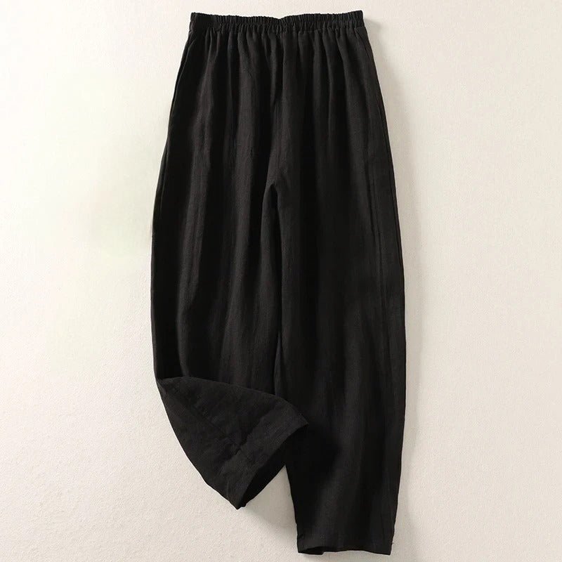 Women's High-Waist Relaxed-Fit Linen Pants - Black