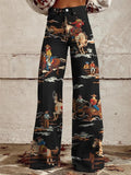 Women's High-Waist Western Print Denim Wide-Leg Pants - Black