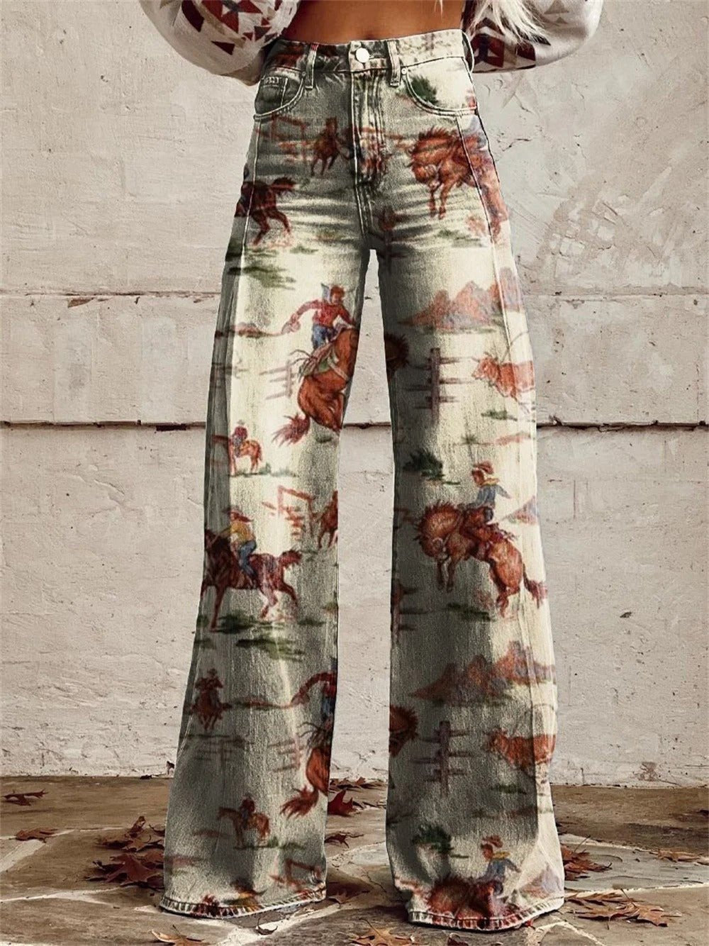 Women's High-Waist Western Print Denim Wide-Leg Pants - Beige