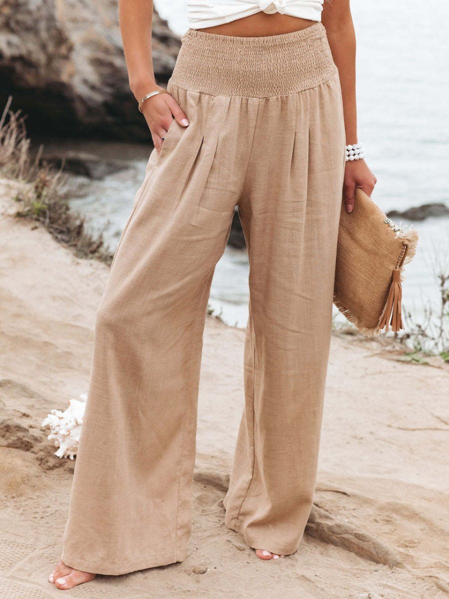 Women's High-Waist Wide-Leg Smocked Linen Pants - Beige