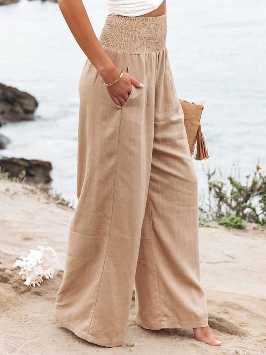 Women's High-Waist Wide-Leg Smocked Linen Pants