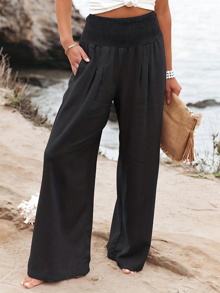 Women's High-Waist Wide-Leg Smocked Linen Pants - Black