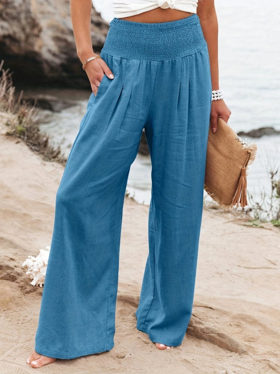 Women's High-Waist Wide-Leg Smocked Linen Pants - Blue