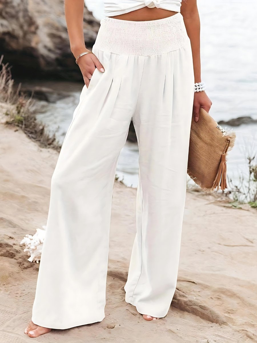 Women's High-Waist Wide-Leg Smocked Linen Pants - White