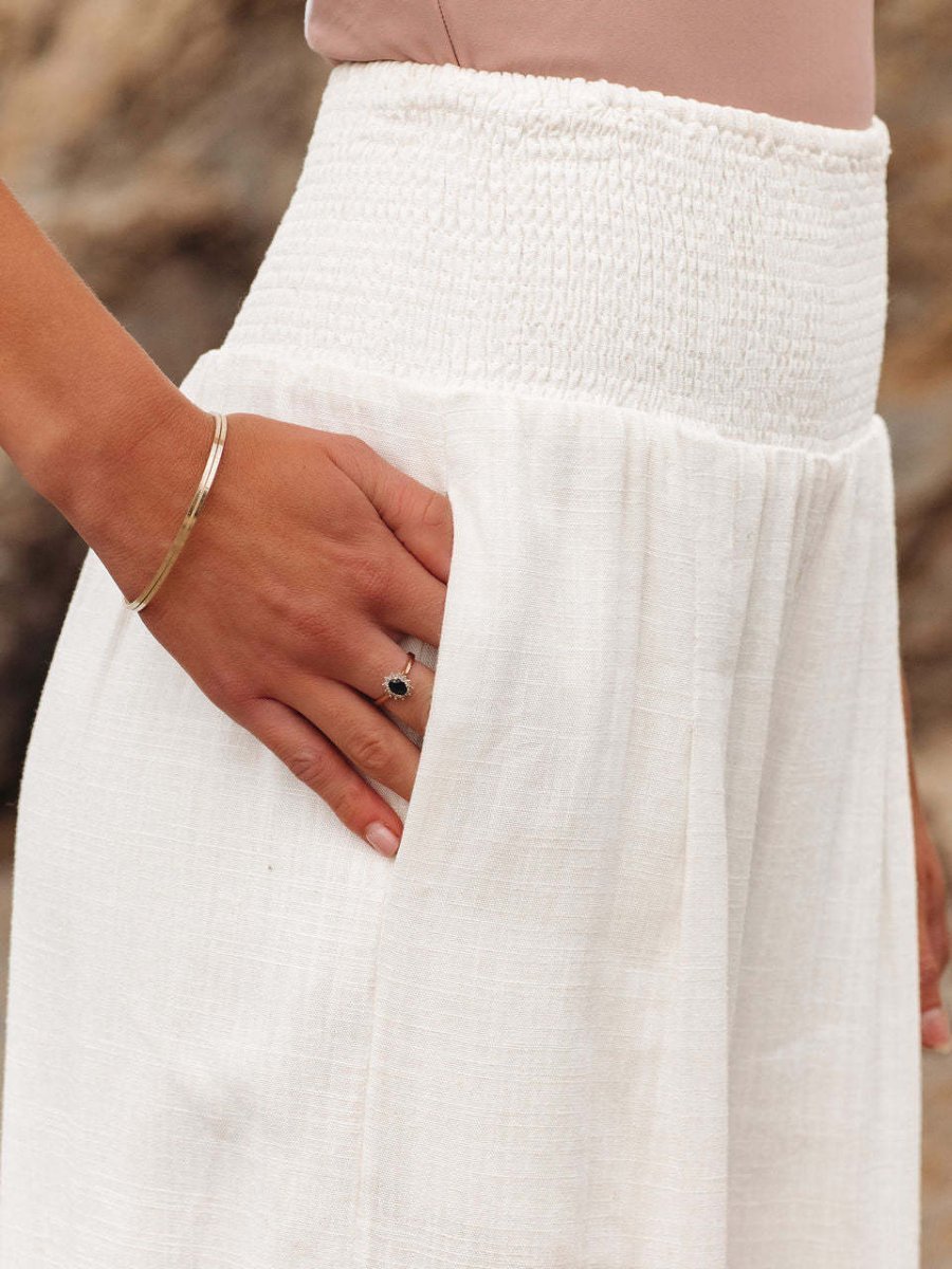 Women's High-Waist Wide-Leg Smocked Linen Pants