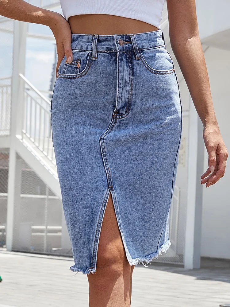 Women's High Waisted Denim Midi Skirt Front Slit Frayed Hem - Blue