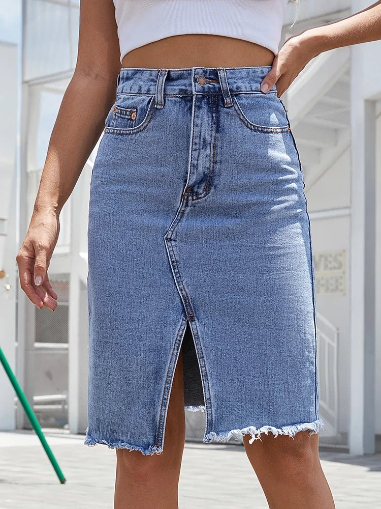 Women's High Waisted Denim Midi Skirt Front Slit Frayed Hem