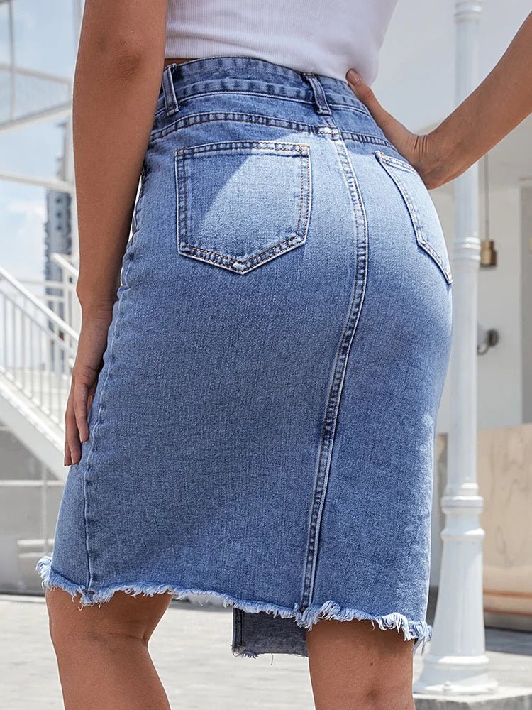 Women's High Waisted Denim Midi Skirt Front Slit Frayed Hem